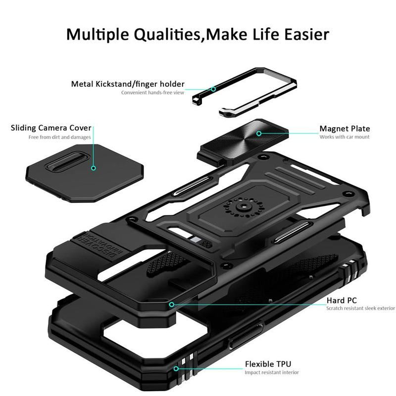 Military-Grade Shockproof Phone Case with Sliding Camera Shield & 360° Ring Stand