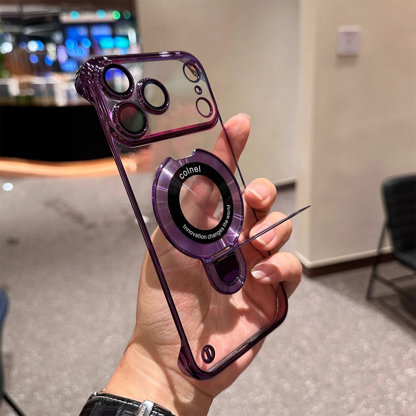 Ultra-Slim Frameless Magnetic Stand Case with Glass Lens Protector for Apple iPhone 17 / 16 / 15 Series